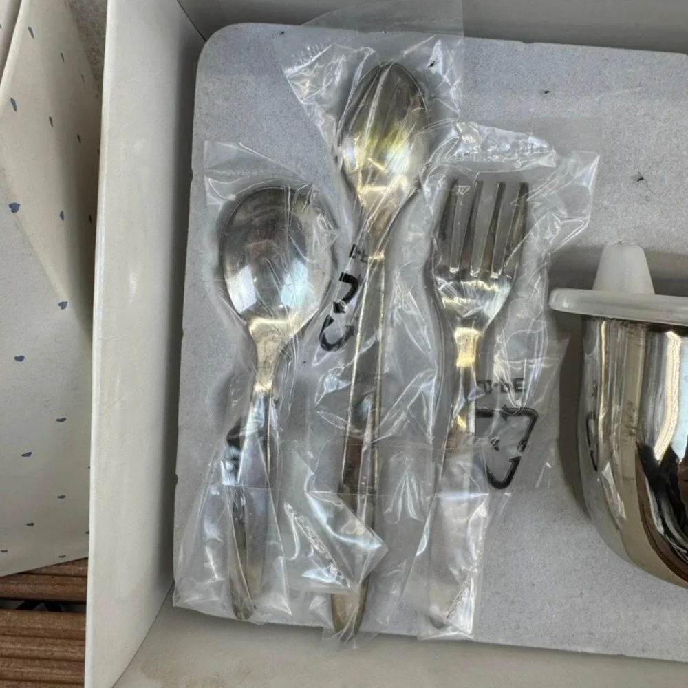 Silver Plated Baby Feeding Set Briar Patch Cup Spoons Fork 5 Pieces Engraved